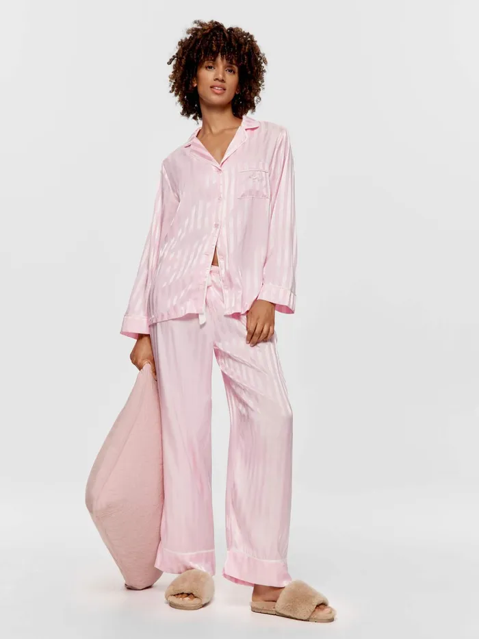 Women Long Pink Stripe Chic Satin Pj Set Pink Peter Alexander Satin