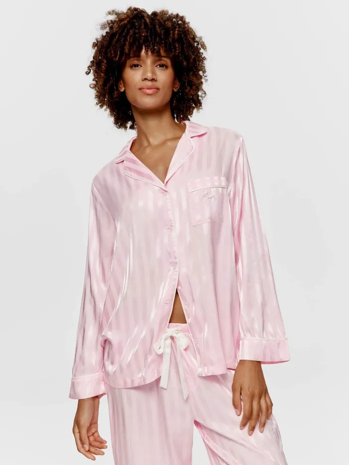 Women Long Pink Stripe Chic Satin Pj Set Pink Peter Alexander Satin
