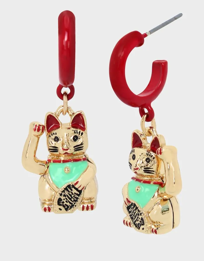 Women LUCKING OUT LUCKY CAT HUGGIE EARRINGS RED Betsey Johnson