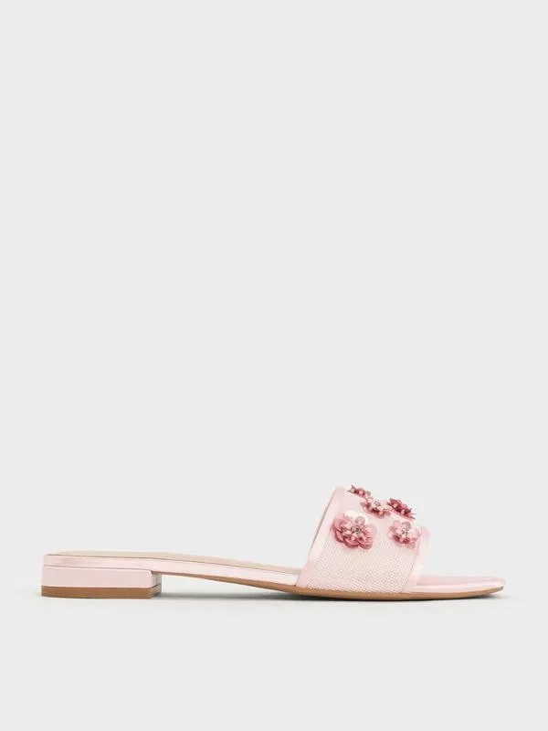 Women Mesh and Satin SequinFlower Slide Sandals 8211 Pink CHARLES and KEITH Sandals