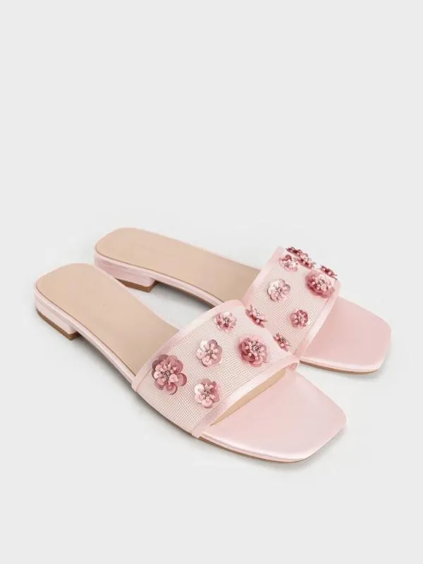 Women Mesh and Satin SequinFlower Slide Sandals 8211 Pink CHARLES and KEITH Sandals