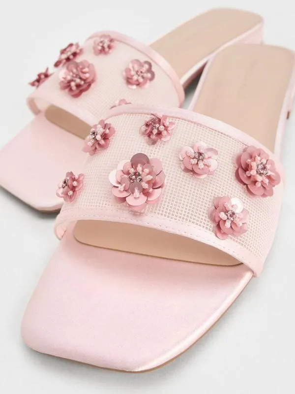 Women Mesh and Satin SequinFlower Slide Sandals 8211 Pink CHARLES and KEITH Sandals