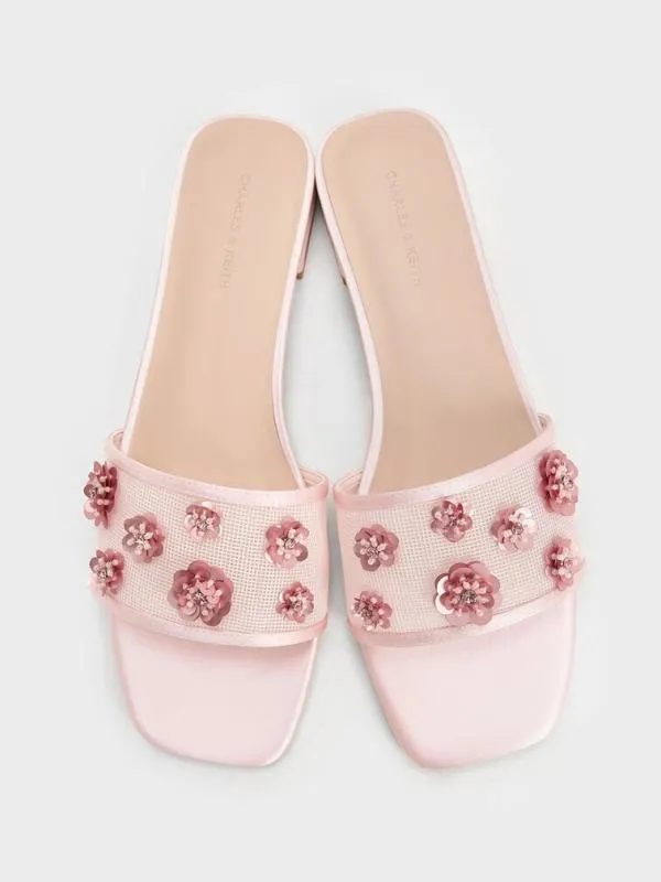 Women Mesh and Satin SequinFlower Slide Sandals 8211 Pink CHARLES and KEITH Sandals