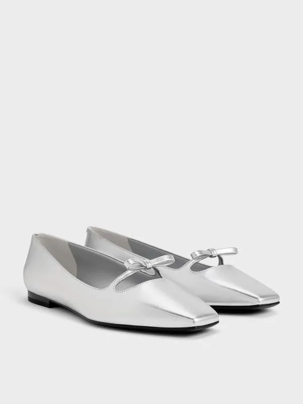 Women Metallic Bow SquareToe Ballet Flats 8211 Silver CHARLES and KEITH Ballet Flats