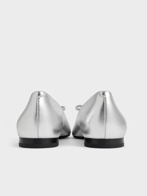 Women Metallic Bow SquareToe Ballet Flats 8211 Silver CHARLES and KEITH Ballet Flats