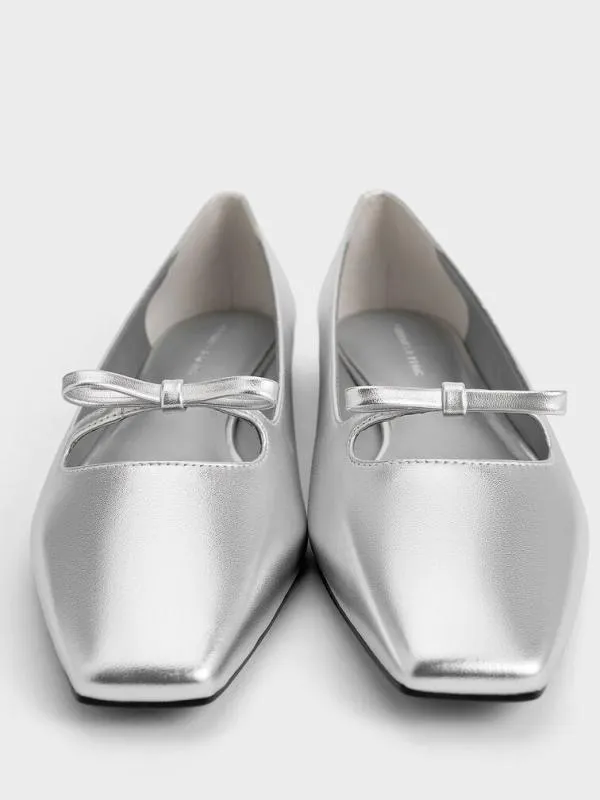 Women Metallic Bow SquareToe Ballet Flats 8211 Silver CHARLES and KEITH Ballet Flats