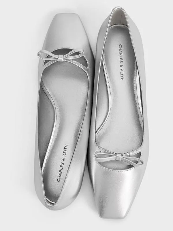 Women Metallic Bow SquareToe Ballet Flats 8211 Silver CHARLES and KEITH Ballet Flats
