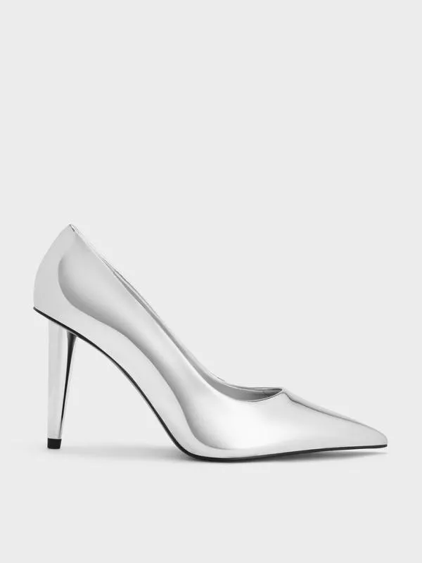 Women Metallic ConeHeel PointedToe Pumps 8211 Silver CHARLES and KEITH Heels