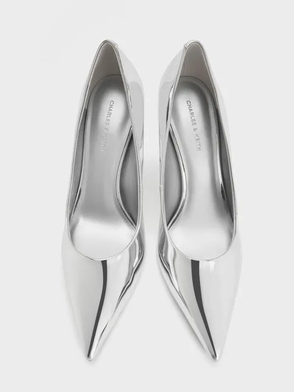 Women Metallic ConeHeel PointedToe Pumps 8211 Silver CHARLES and KEITH Heels
