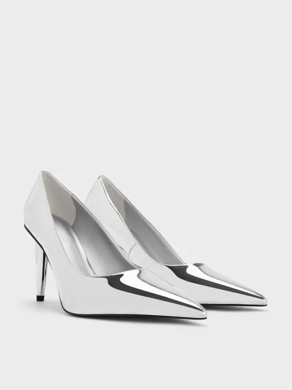 Women Metallic ConeHeel PointedToe Pumps 8211 Silver CHARLES and KEITH Heels