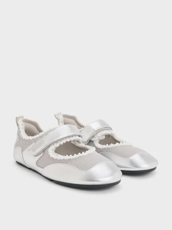 Women Metallic Mesh PearlEmbellished Mary Jane Sneakers 8211 Silver CHARLES and KEITH Sneakers