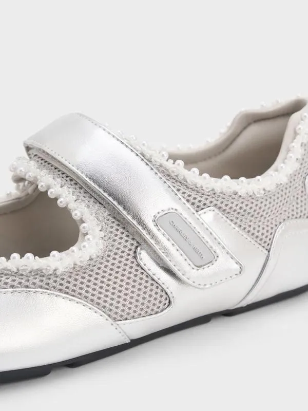 Women Metallic Mesh PearlEmbellished Mary Jane Sneakers 8211 Silver CHARLES and KEITH Sneakers