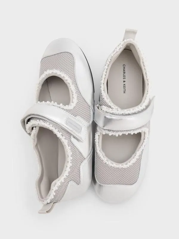 Women Metallic Mesh PearlEmbellished Mary Jane Sneakers 8211 Silver CHARLES and KEITH Sneakers