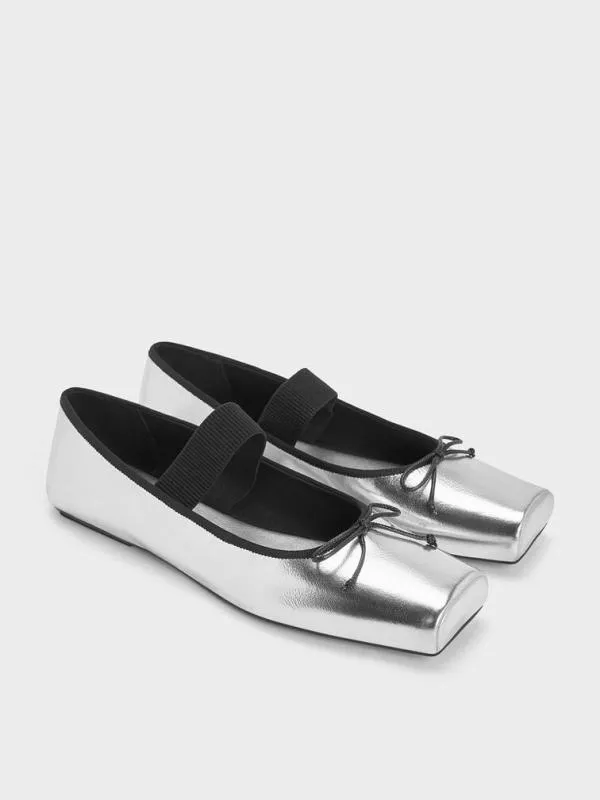 Women Metallic SquareToe Mary Jane Ballet Flats 8211 Silver CHARLES and KEITH Flats