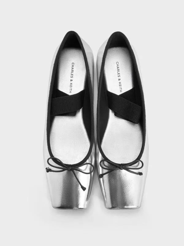 Women Metallic SquareToe Mary Jane Ballet Flats 8211 Silver CHARLES and KEITH Flats