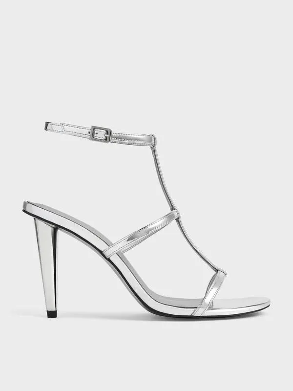Women Metallic TBar AnkleStrap Sandals 8211 Silver CHARLES and KEITH Heels
