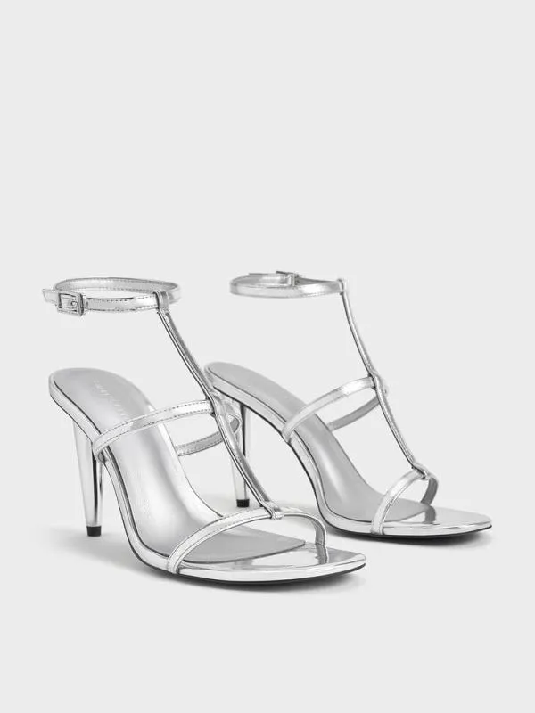 Women Metallic TBar AnkleStrap Sandals 8211 Silver CHARLES and KEITH Heels