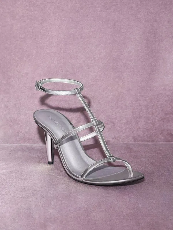 Women Metallic TBar AnkleStrap Sandals 8211 Silver CHARLES and KEITH Heels