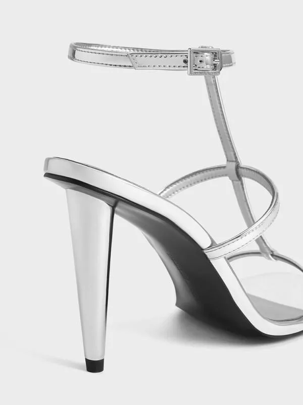 Women Metallic TBar AnkleStrap Sandals 8211 Silver CHARLES and KEITH Heels