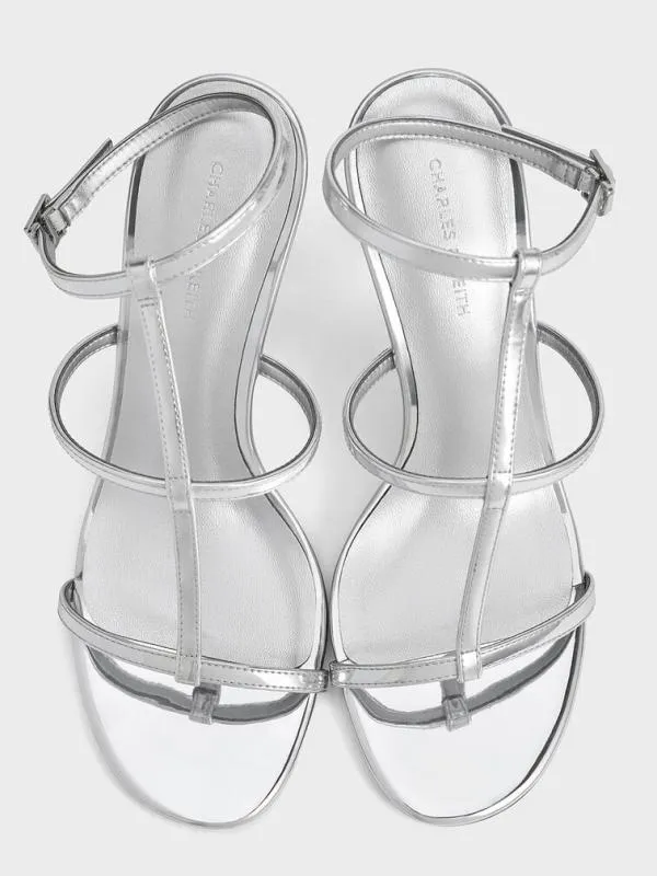 Women Metallic TBar AnkleStrap Sandals 8211 Silver CHARLES and KEITH Heels