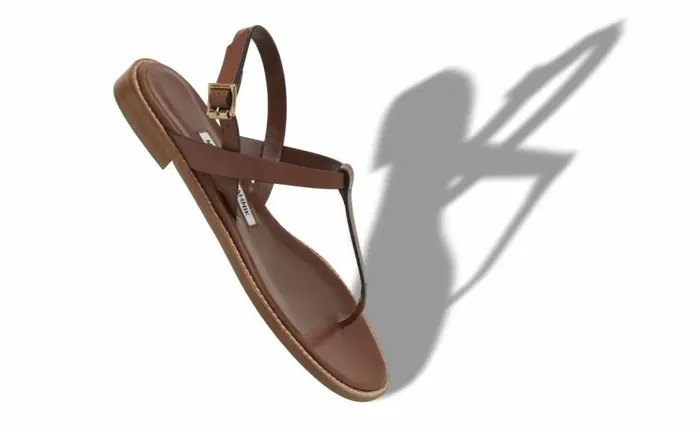 Women Mid Brown Calf Leather Flat Sandals Manolo Blahnik Flats