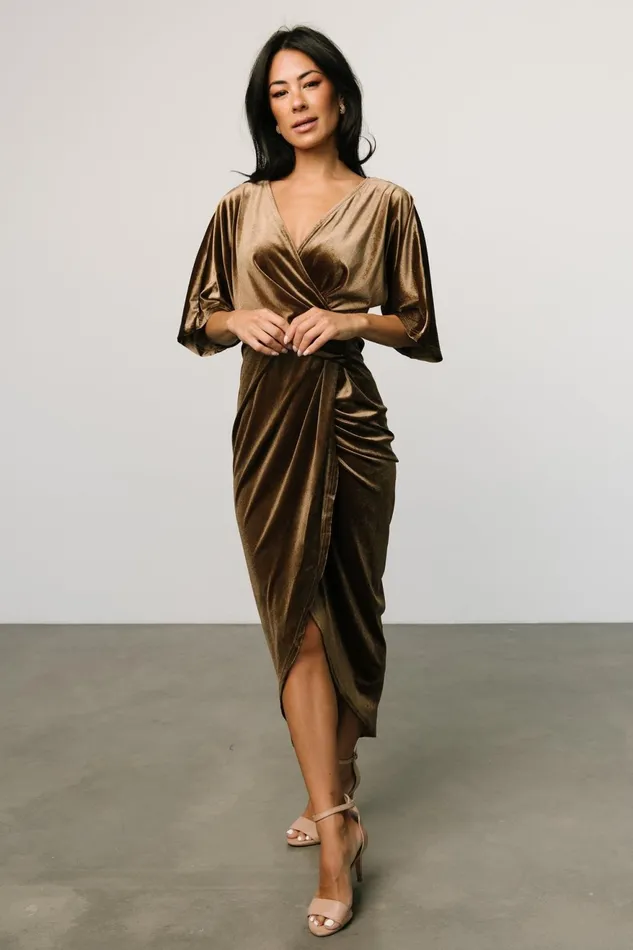 Women Midi Dresses Baltic Born Brendyn Ruched Velvet Dress Brushed Bronze Women Midi Dresses Baltic Born Brendyn Ruched Velvet Dress Brushed Bronze