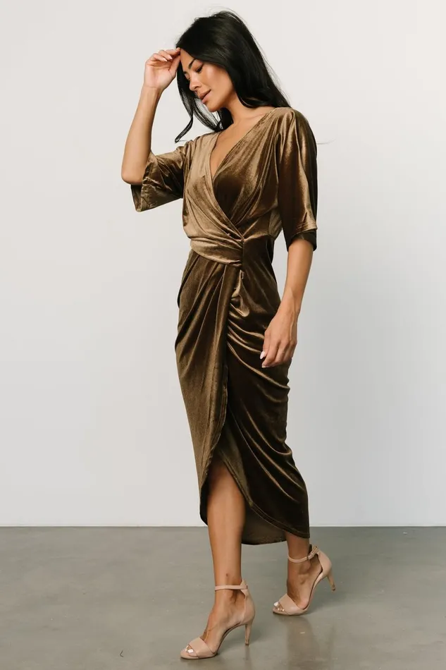 Women Midi Dresses Baltic Born Brendyn Ruched Velvet Dress Brushed Bronze Women Midi Dresses Baltic Born Brendyn Ruched Velvet Dress Brushed Bronze