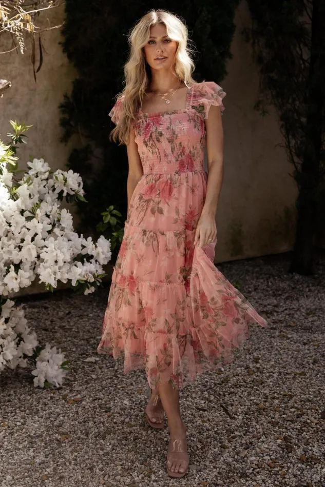 Women Midi Dresses Baltic Born Clementine Tulle Midi Dress Pink Rose Floral