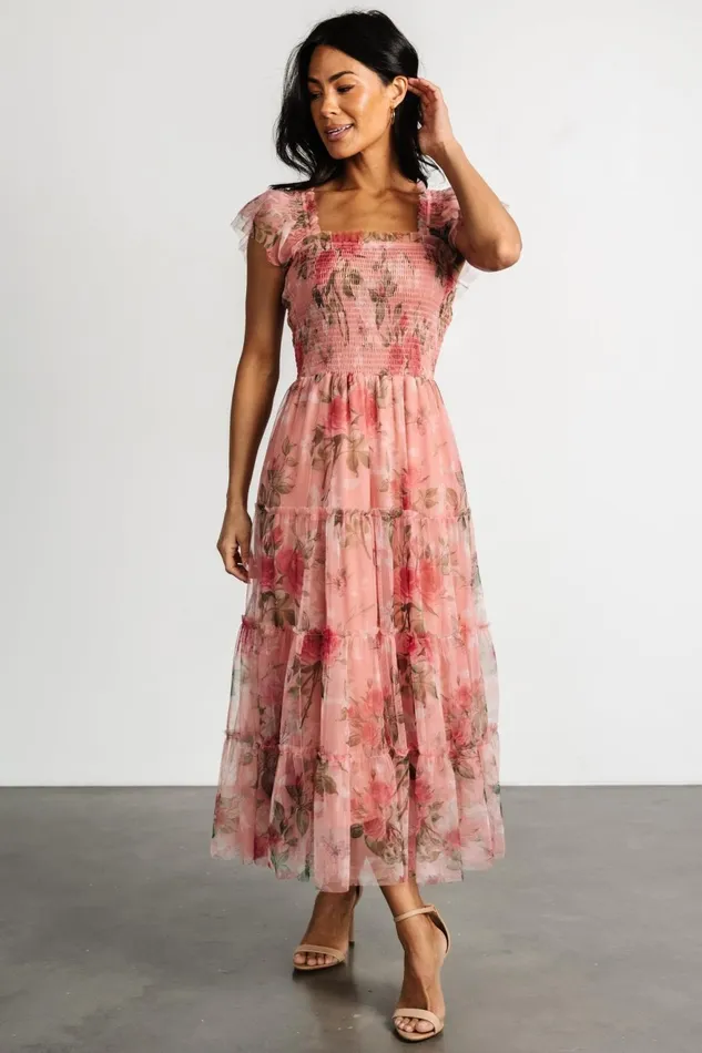 Women Midi Dresses Baltic Born Clementine Tulle Midi Dress Pink Rose Floral Women Midi Dresses Baltic Born Clementine Tulle Midi Dress Pink Rose Floral