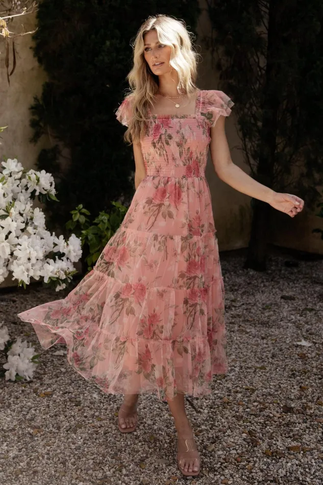 Women Midi Dresses Baltic Born Clementine Tulle Midi Dress Pink Rose Floral Women Midi Dresses Baltic Born Clementine Tulle Midi Dress Pink Rose Floral