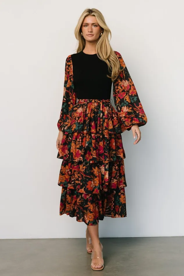 Women Midi Dresses Baltic Born Sylvie Tiered Midi Dress Black Multi