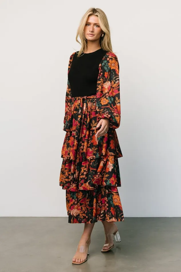 Women Midi Dresses Baltic Born Sylvie Tiered Midi Dress Black Multi Women Midi Dresses Baltic Born Sylvie Tiered Midi Dress Black Multi