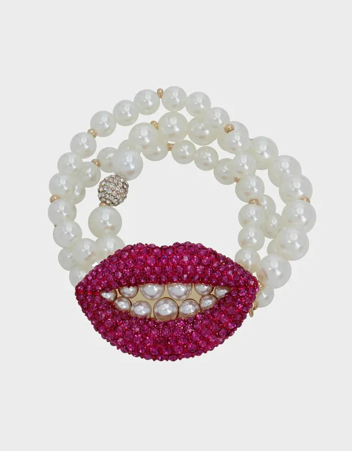 Women MIDNIGHT GARDEN PEARL LIP BRACELET PINK Betsey Johnson