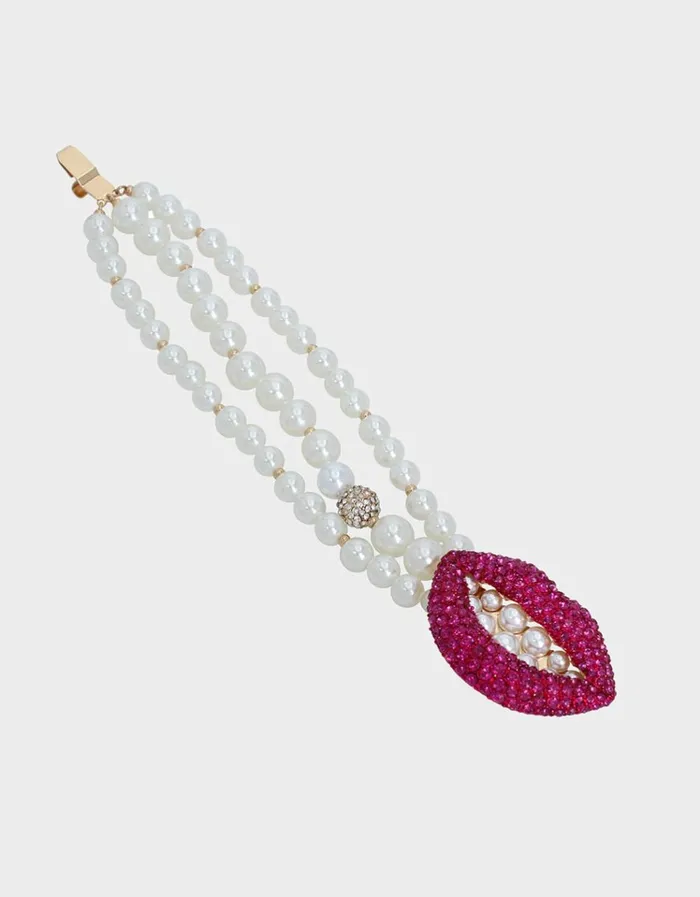 Women MIDNIGHT GARDEN PEARL LIP BRACELET PINK Betsey Johnson Women MIDNIGHT GARDEN PEARL LIP BRACELET PINK Betsey Johnson