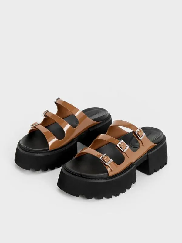 Women Nadine Patent TripleStrap Platform Sandals 8211 Cognac CHARLES and KEITH Sandals