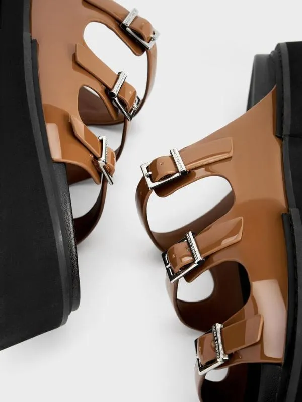 Women Nadine Patent TripleStrap Platform Sandals 8211 Cognac CHARLES and KEITH Sandals