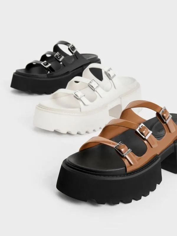 Women Nadine Patent TripleStrap Platform Sandals 8211 Cognac CHARLES and KEITH Sandals