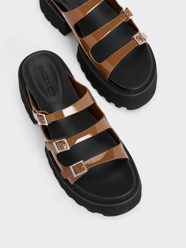 Women Nadine Patent TripleStrap Platform Sandals 8211 Cognac CHARLES and KEITH Sandals