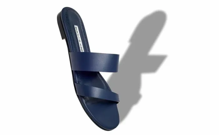 Women Navy Blue Calf Leather Flat Sandals Manolo Blahnik Flats