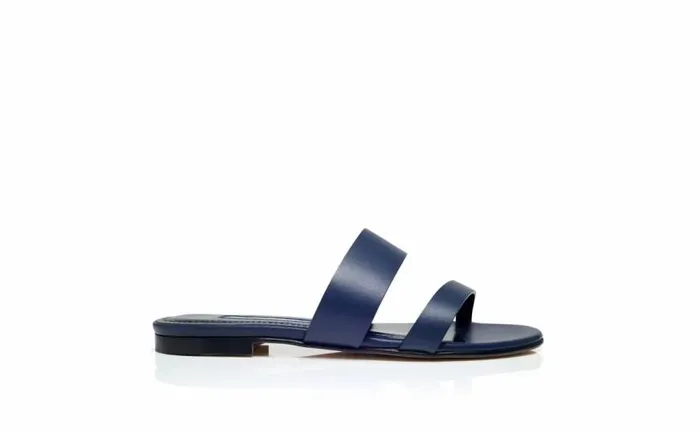 Women Navy Blue Calf Leather Flat Sandals Manolo Blahnik Flats