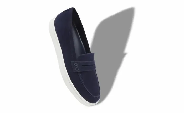 Women Navy Blue Suede Penny Loafers Manolo Blahnik Flats
