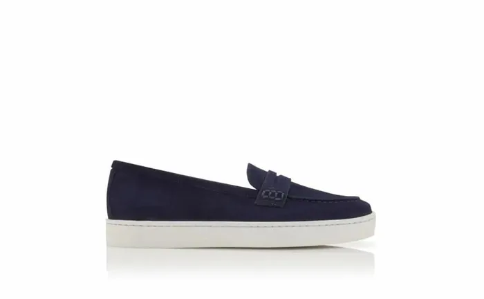 Women Navy Blue Suede Penny Loafers Manolo Blahnik Flats