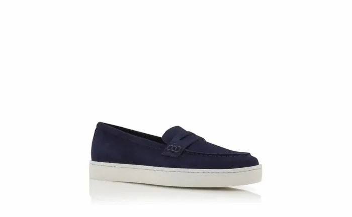 Women Navy Blue Suede Penny Loafers Manolo Blahnik Flats
