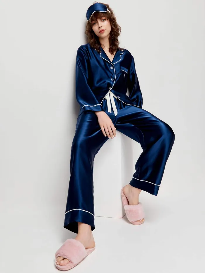 Women Navy Mulberry Silk Pj Set With Eye Mask Navy Peter Alexander Silk