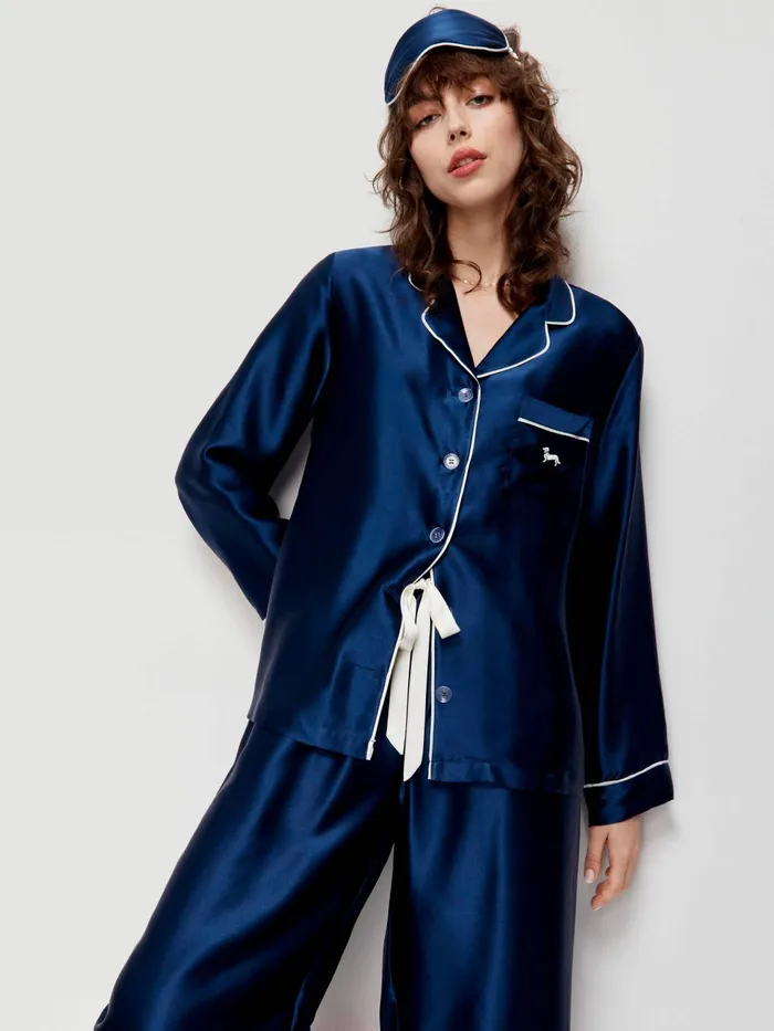 Women Navy Mulberry Silk Pj Set With Eye Mask Navy Peter Alexander Silk