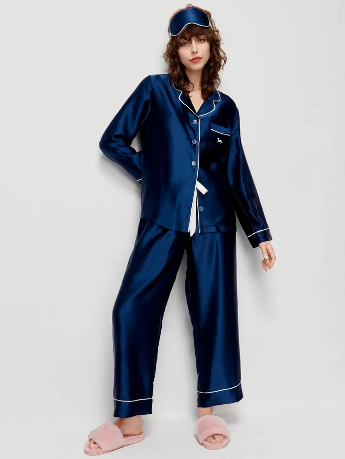Women Navy Mulberry Silk Pj Set With Eye Mask Navy Peter Alexander Silk