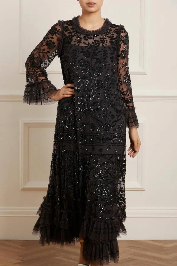 Women Needle and Thread Celia Long Sleeve Ankle Gown Black
