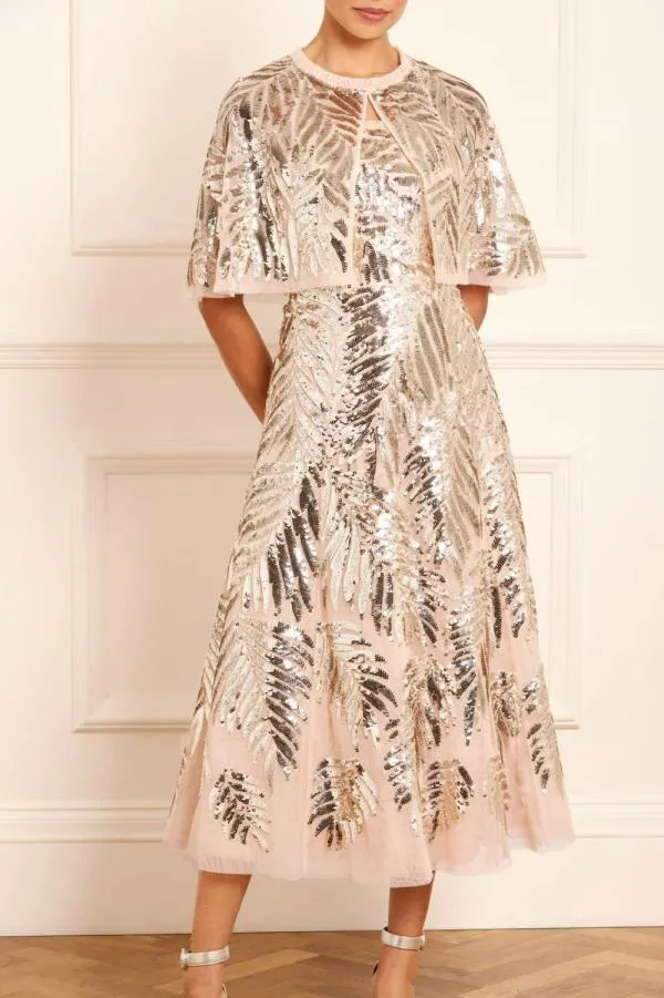 Women Needle and Thread Feather Sequin Short Open Cape Beige