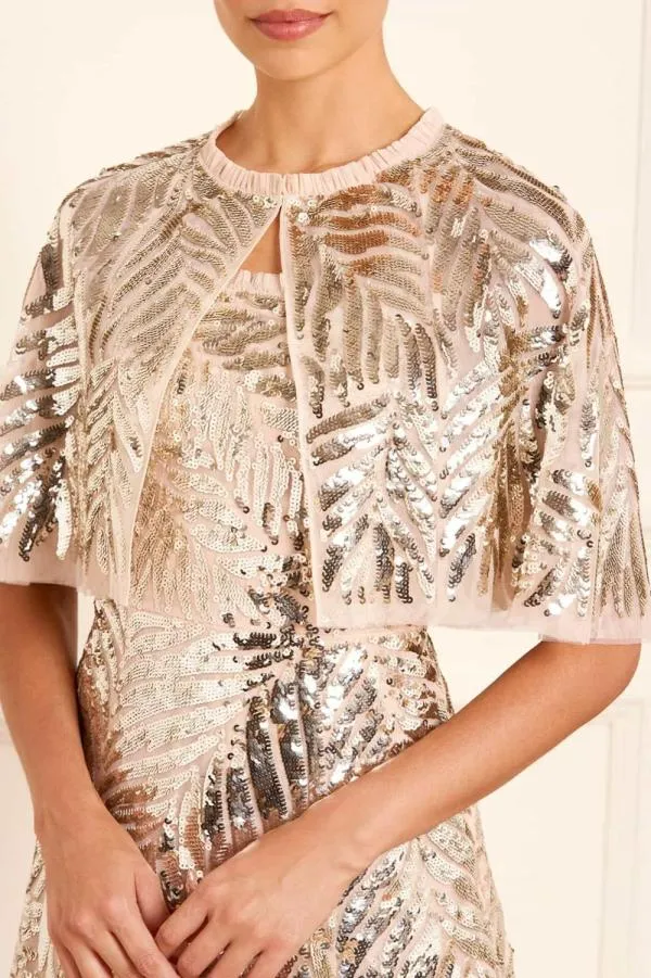 Women Needle and Thread Feather Sequin Short Open Cape Beige Women Needle and Thread Feather Sequin Short Open Cape Beige