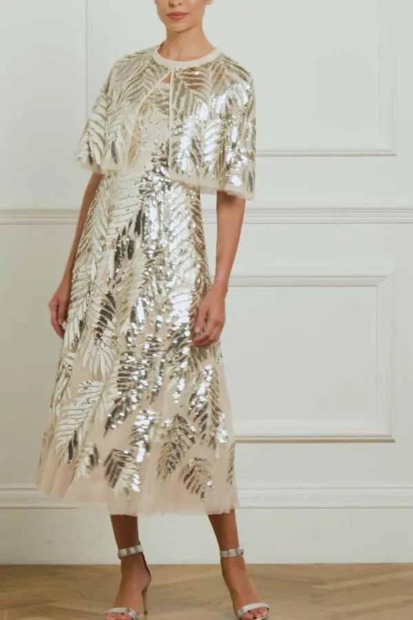Women Needle and Thread Feather Sequin Short Open Cape Beige Women Needle and Thread Feather Sequin Short Open Cape Beige